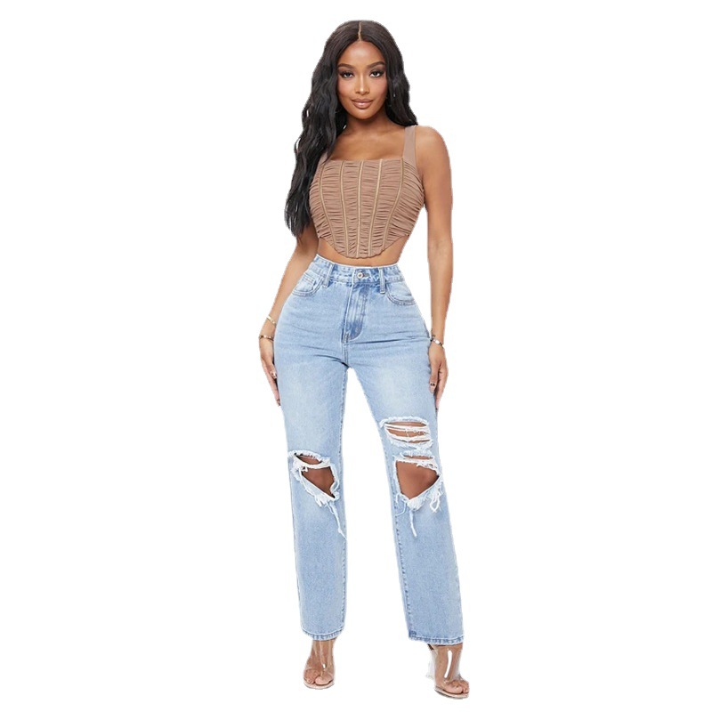 European and American Washed Jeans Women's 2023 New Fashion Amazon Cross-border Hot High Waist Ripped Loose Straight Pants
