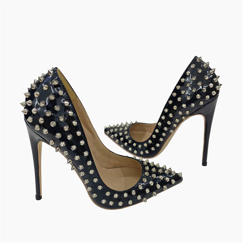 Cross-border foreign trade wholesale 2021 New socialite rivet high heels 12cm pointed stiletto heel shallow mouth shoes Liu Ding shoes
