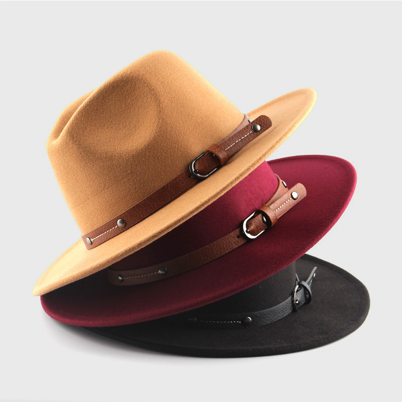 Cross-border British retro woolen hat men's and women's monochrome belt metal buckle felt hat simple big brim jazz cowboy hat