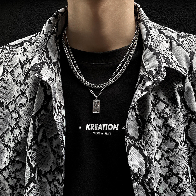 European and American Retro Titanium Steel Pendant Cuban Chain Men's Trendy Niche Design Sense Double Layer Hip Hop Necklace Sweater Chain Accessories
