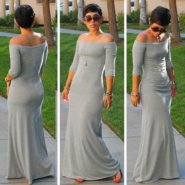 2020 new ebay women's clothing European and American off-the-shoulder three-quarter sleeve high waist long dress gray dress