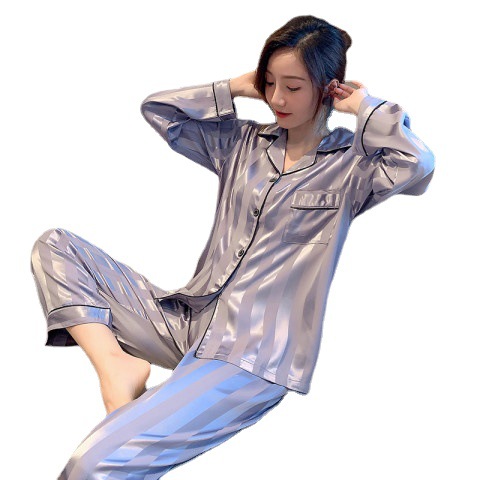Striped silk-like ice silk pajamas women's Korean-style jacquard home wear new two-piece live delivery cross-border wholesale