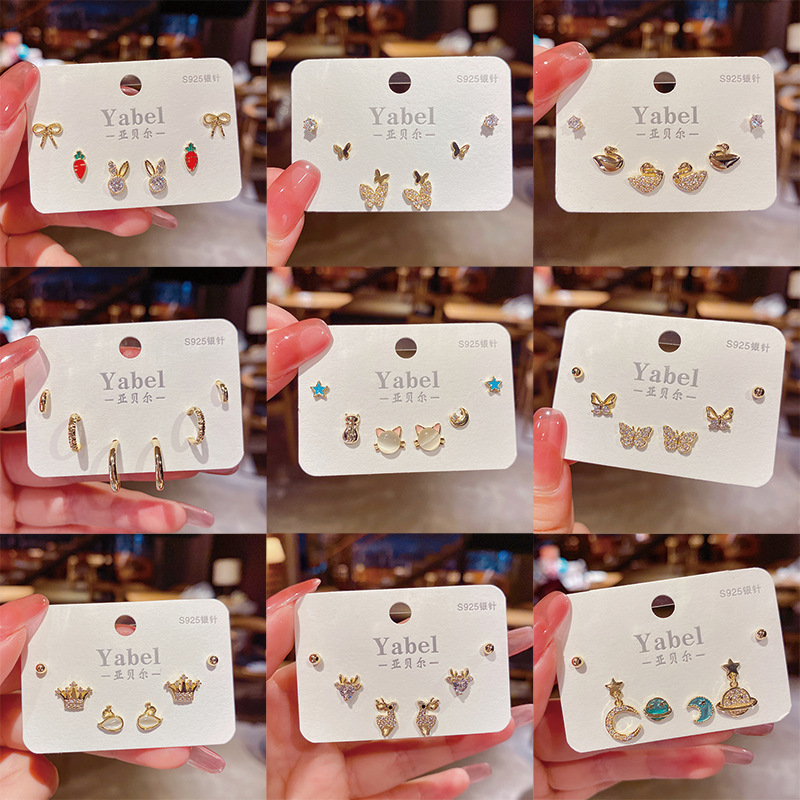High quality s925 silver needle zircon 6 suit small earrings female Korean simple temperament three pairs of earrings wholesale