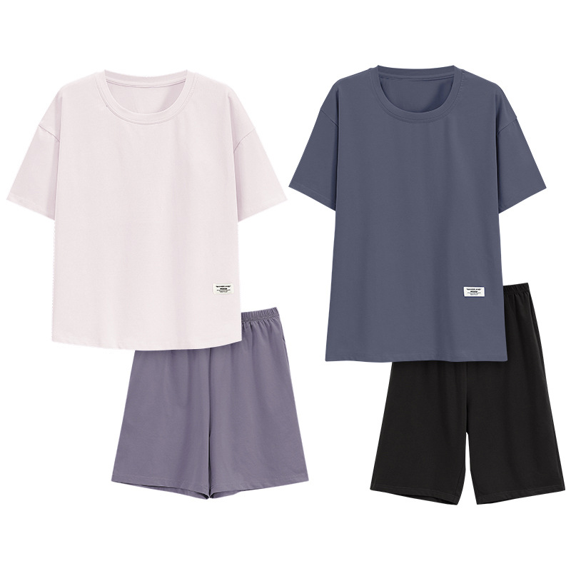 Pajamas Women's Summer Pure Cotton Thin Solid Color Short Sleeve Summer Men's Home Clothes Outwear Couple Pajamas Spring and Autumn