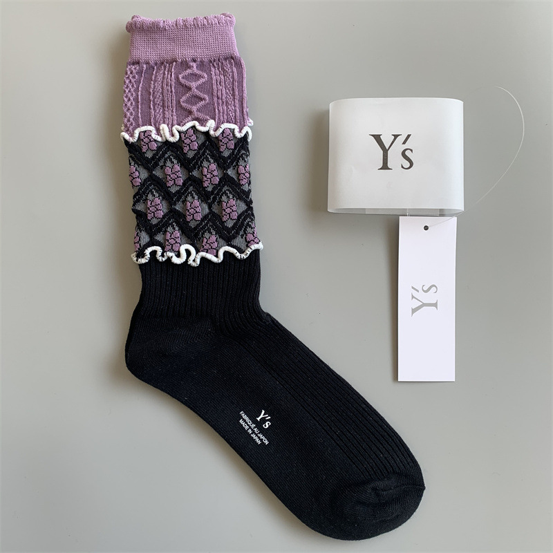 出口日本山本耀司ys泡泡設計感拼色中筒甜美森系復古女潮襪子