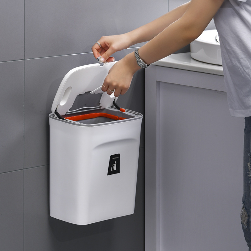 Household wall-mounted trash can with inner bin and handle kitchen cabinet door can be pasted with sliding lid trash can 9 liters