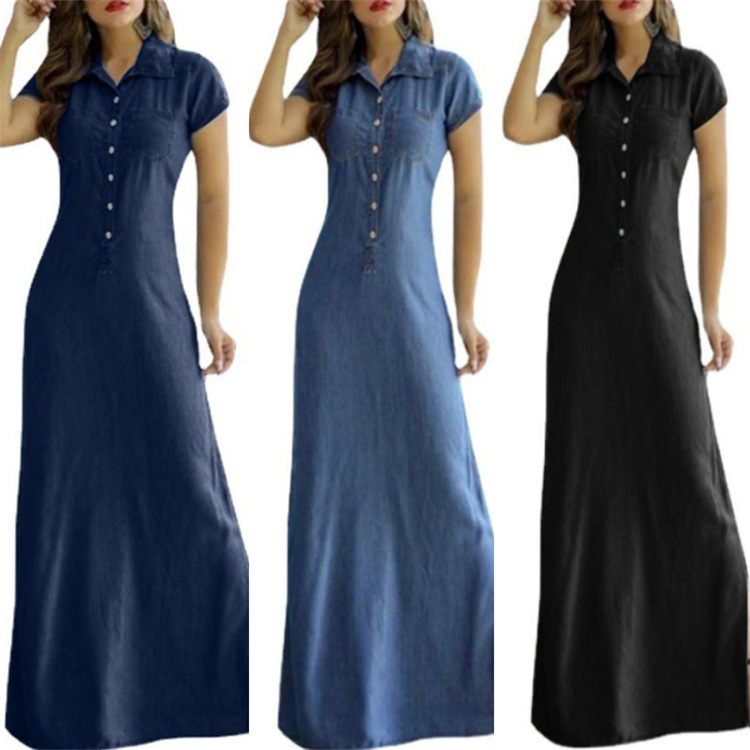2023 European and American Cross-border New Long Dress Shirt Collar Split Pocket Large Dress Large Size Casual Denim Dress