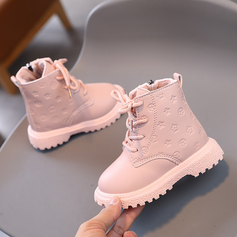 Girls' patent leather glossy Martin boots 2023 autumn and winter New Two-cotton star Delu children Princess boots fleece-lined cotton boots