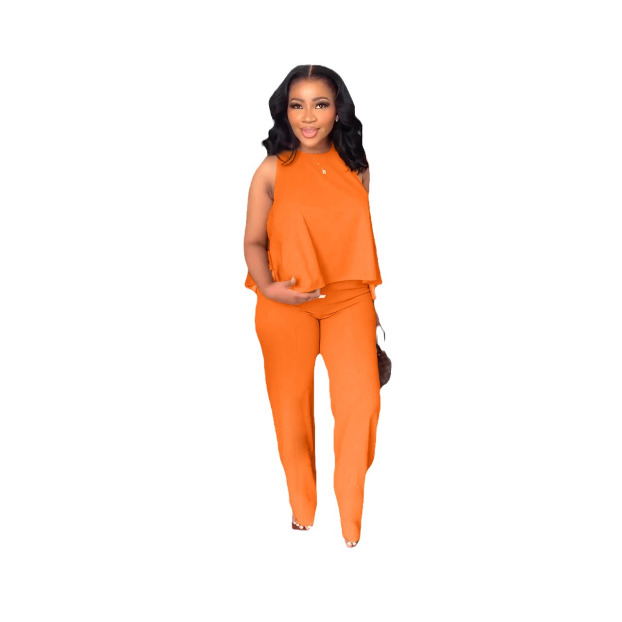 2023 cross-border summer new solid color round neck set sleeveless pullover top elastic waist wide leg trousers two-piece set