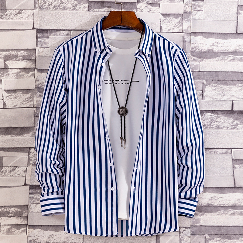 2023 New Arrival Striped Long Sleeve Shirt Fashion Youth Casual Printed Shirt Nightclub Bar Barber Work Clothes
