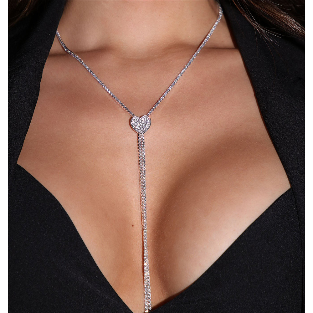 Amazon Hot Sale Full Rhinestone Love Long Tassel Clavicle Chain Women Party Dinner Shiny Crystal Necklace Jewelry