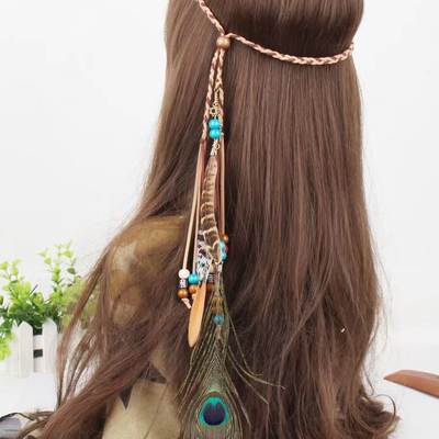 Indian colorful beads peacock feather rope pendant hair accessories ethnic style travel photography headdress bohemian style hair band