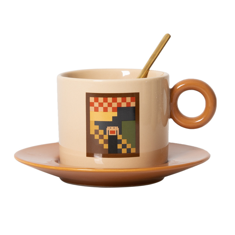 Pixel Painting Artistic Retro Creative Ceramic Coffee Cup and Saucer Set High Color Value Home Cafe Morandi ins
