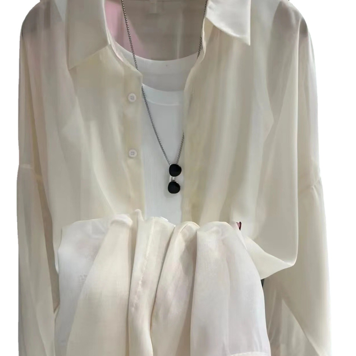 Pearlescent Shirt Women's 2023 Summer Design Sense Thin Micro-transparent Long-sleeve Chic Casual Loose Shirt