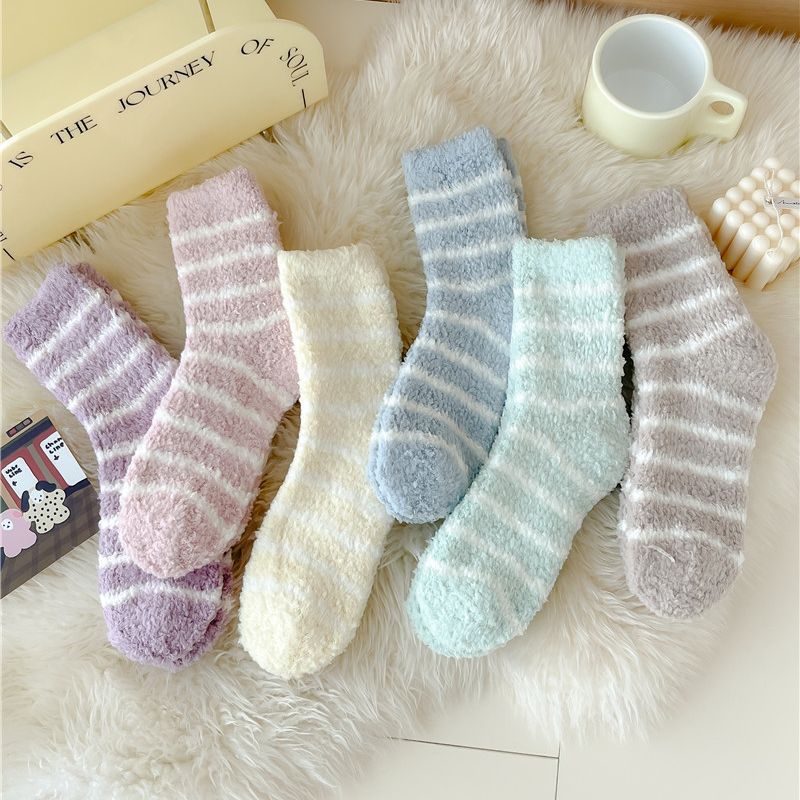 Women's socks autumn and winter fleece-lined thickened warm coral fleece striped mid-calf socks home floor socks sleep socks wholesale