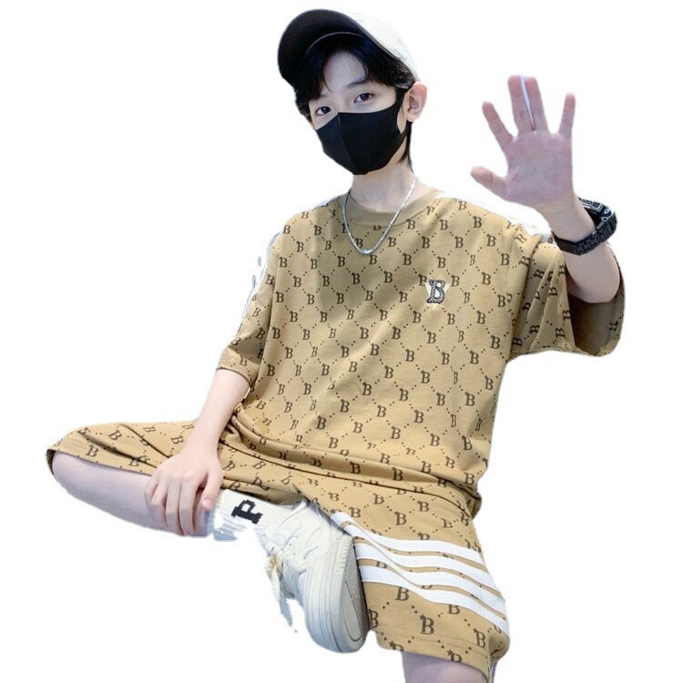Summer new children's short-sleeved shorts suit small and medium boys letter printing candy color sports leisure two-piece set