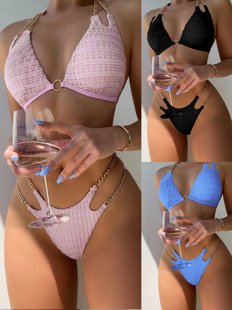 2024 European and American Solid Color Neck Chain Split Swimsuit Cross-border Amazon Three-point Beach Bikini Set
