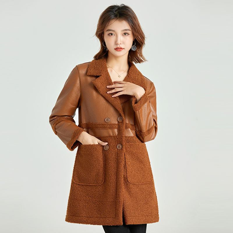 Autumn and winter middle-aged and middle-aged mother's long leather coat double-sided wear grain velvet stitching fur integrated PU leather