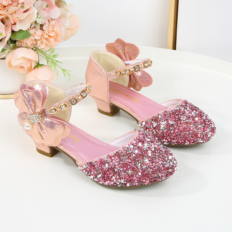 Girls' Princess leather shoes Korean style children's crystal shoes 2023 spring and summer dance high heel single-layer shoes middle and big children closed toe sandals