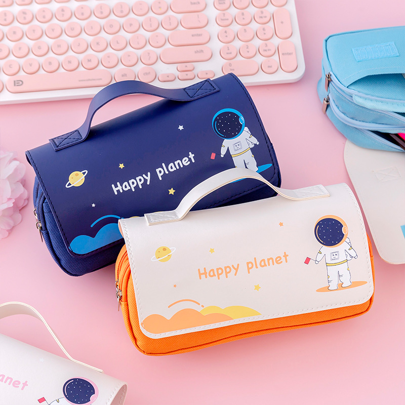 New Children's Cartoon Portable Pencil Case Creative Astronaut Space Theme Pencil Case Large Capacity Double Layer Stationery Box