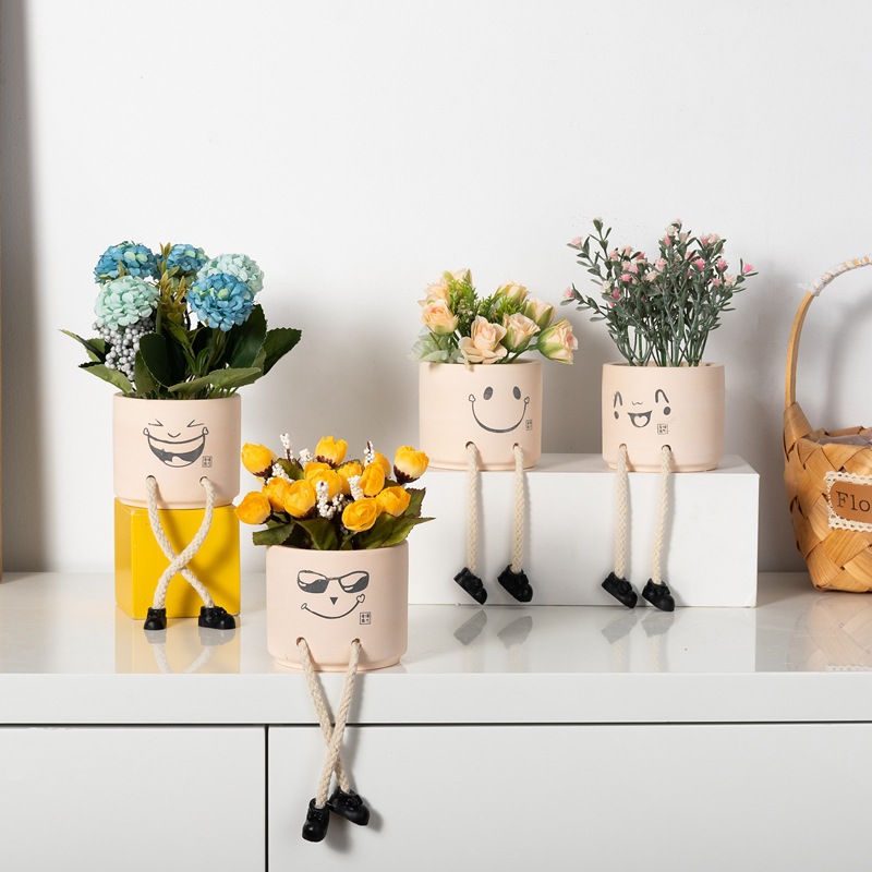 Creative Expression Hanging Feet Doll Ceramic Flower Pot Artificial Flower Potted Plant Green Plant Indoor Balcony Desktop Decoration Crafts