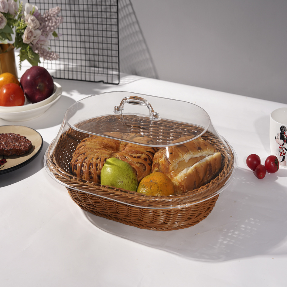 Imitation Rattan Bread Basket Vegetable Draining Basket Dried Fruit Plate with Acrylic Lid Oval Hand-woven Basket Acrylic Anti-woven