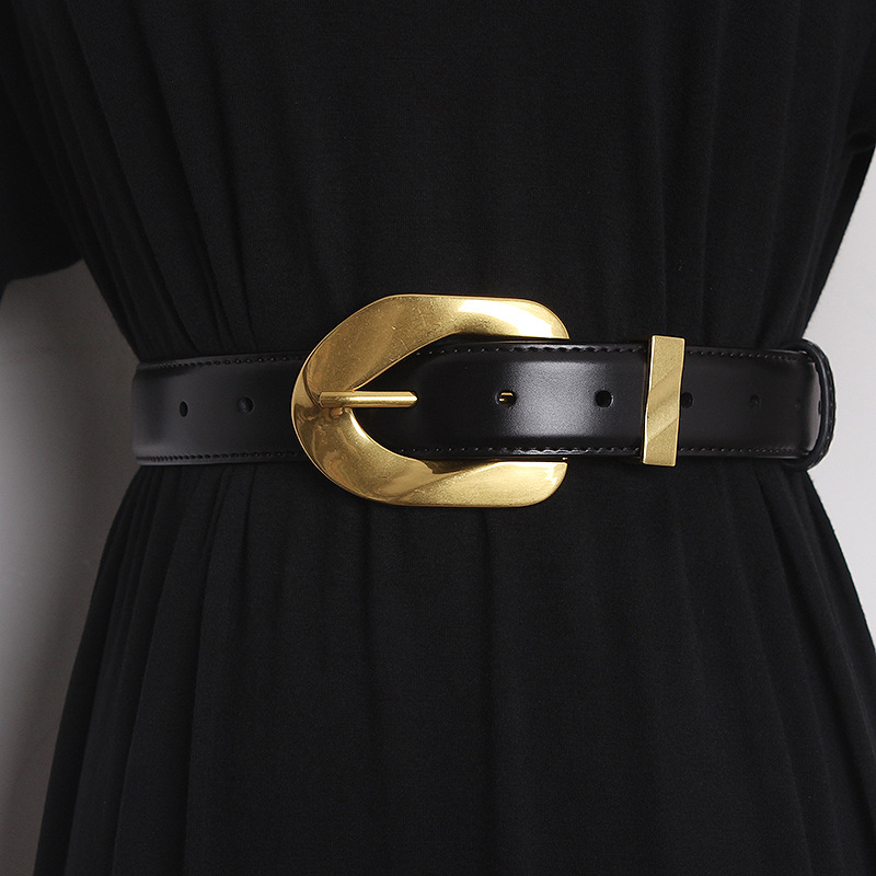 Belt Women's Design Sense Gold Buckle Korean ins-style Cowhide Coat Waist Seal Suit Outer Belt Belt