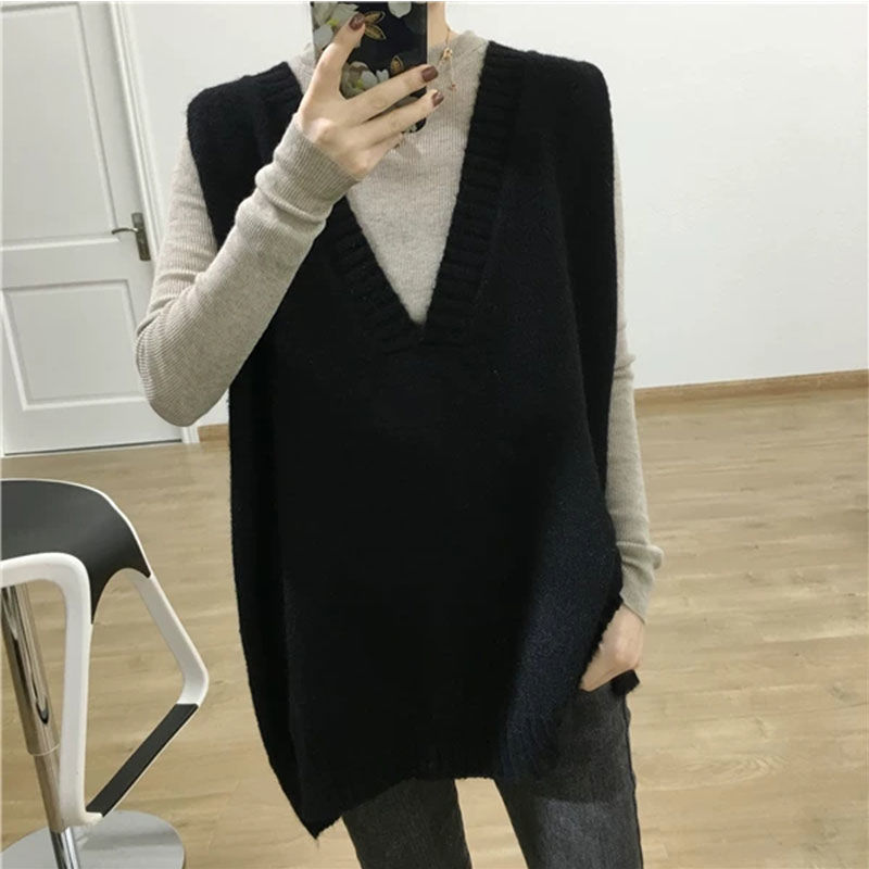 Korean Style Simple Lazy Style Deep V-Neck Knitted Vest Mid-length Loose Large Size Sweater Women's All-match Outer Wear Vest