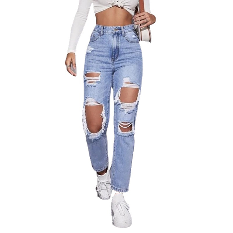 European and American Ripped Jeans Women's 2024 New Amazon Cross-border Hot Wash High Waist Straight Jeans