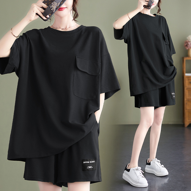 Short Sleeve suit women's fashion plus size casual chubby girl European style pocket design slimming shorts two-piece set for women