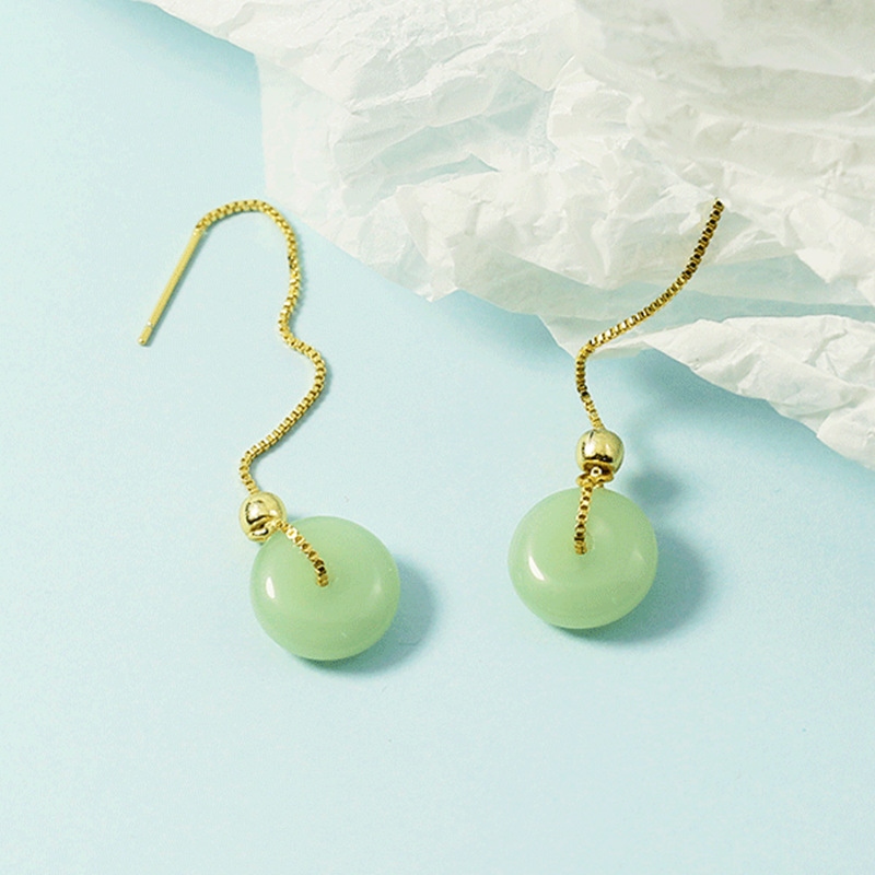 Hetian Jade Safe Buckle Ear Line Women's Hanfu Ancient Costume Moisture Texture Slim Long Tassel Gold-plated Jasper Earrings