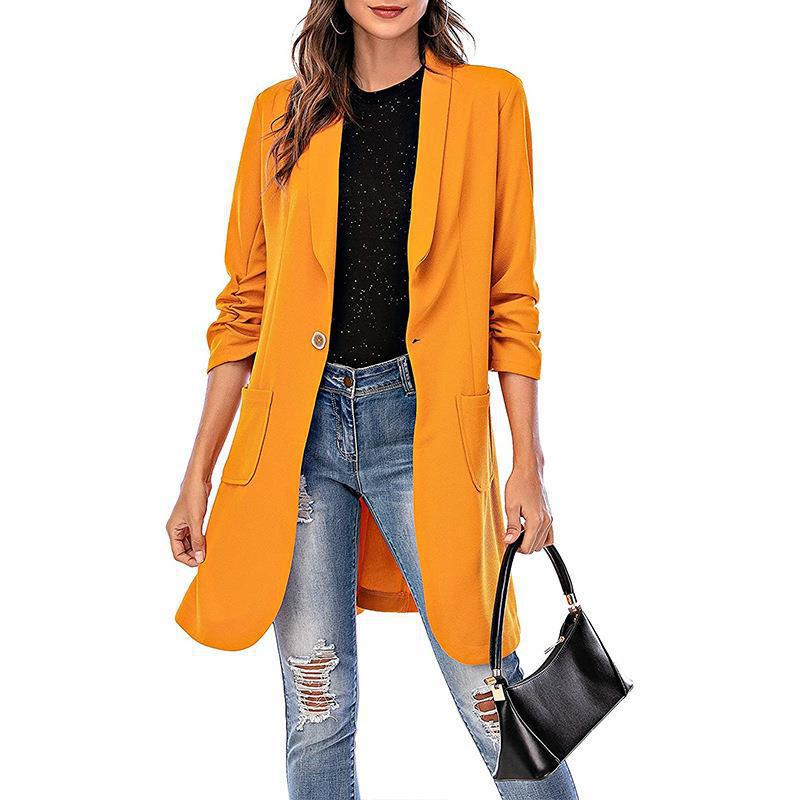 European and American cross-border women's solid color small suit autumn and winter new three-quarter sleeve long pocket coat suit jacket