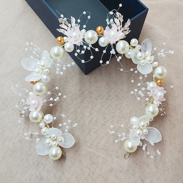 Thick bridal hair band New Pearl flower hair band hand woven golden leaf headdress children's headdress