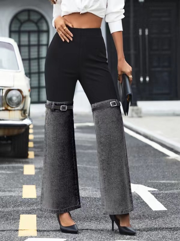 Cross-border Amazon Fashion slim knit Denim stitching elastic waist wide leg casual pants temperament commuter large size