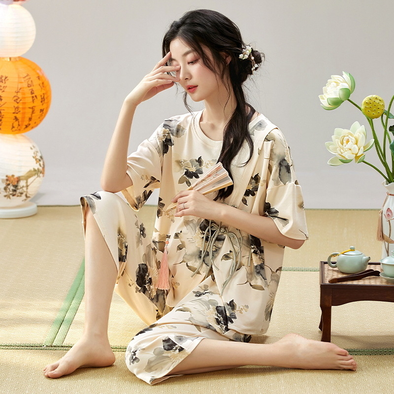 Summer New Pajamas Women's Short-sleeved Cropped Pants New Chinese Style Antique National Style Sweet Casual Home Clothes for Outer Wear