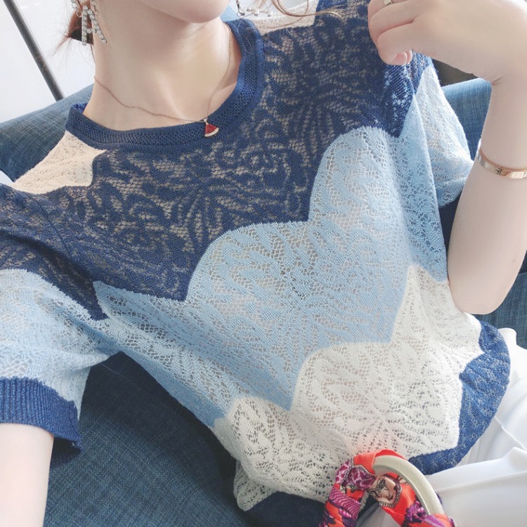 Fixed dye loose fog Blue, foreign style and white 2023 Summer new short sleeve hollow ice silk knitted sweater T-shirt Women