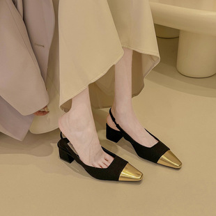 Vintage Evening Style Summer Square Heel High Heels 2023 French Style Chanel Style High-end Pointed Toe Women's Shoes with Skirt