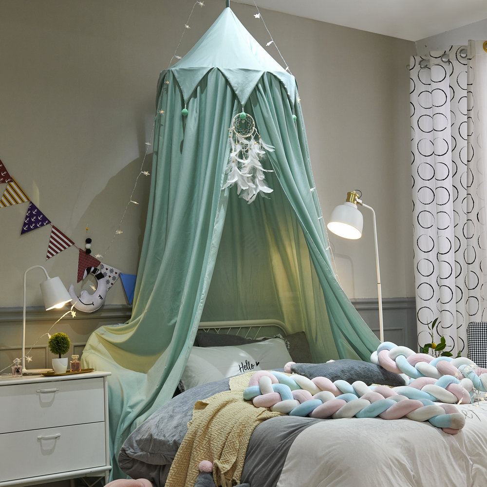 New Triangle Hanging Ball Nordic Style Children's Mosquito Net Shading Bed Mantle Installation-Free Perforated Bed Curtain Tent Game House
