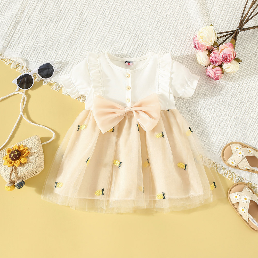 Summer Children's skirt 2023 new children's clothing knitted stitching pineapple embroidered mesh bow short sleeve girl dress