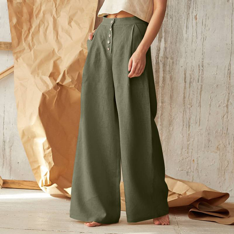 2023 Ma Xun eBay women's solid color high waist casual button cotton linen wide leg pants