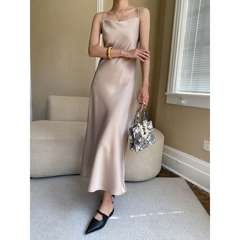 Sinan Chic New Chinese Ribbon Design French Satin Glossy Dape Sling Dress SN3333
