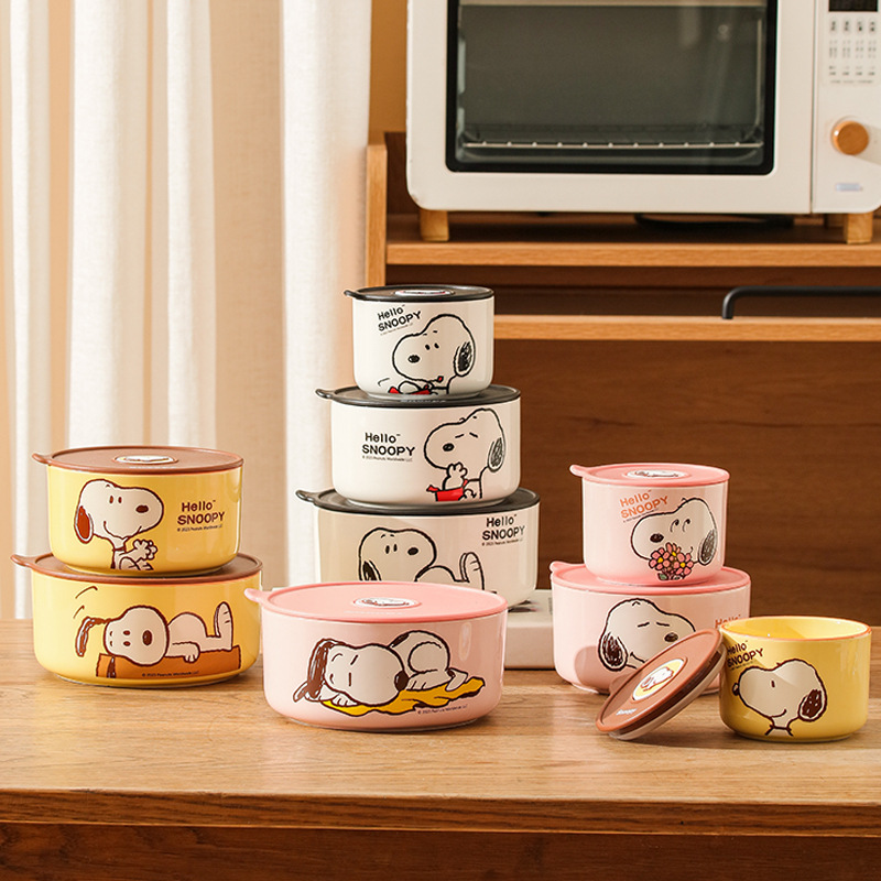 3-piece snoopy fresh-keeping bowl cartoon cute cute fresh-keeping box microwave oven snoopy ceramic lunch box wholesale