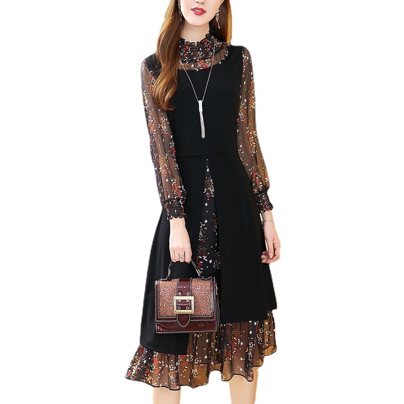 Large size women's clothing 2022 spring and summer new chiffon dress elegant temperament mid-length dress fake two irregular
