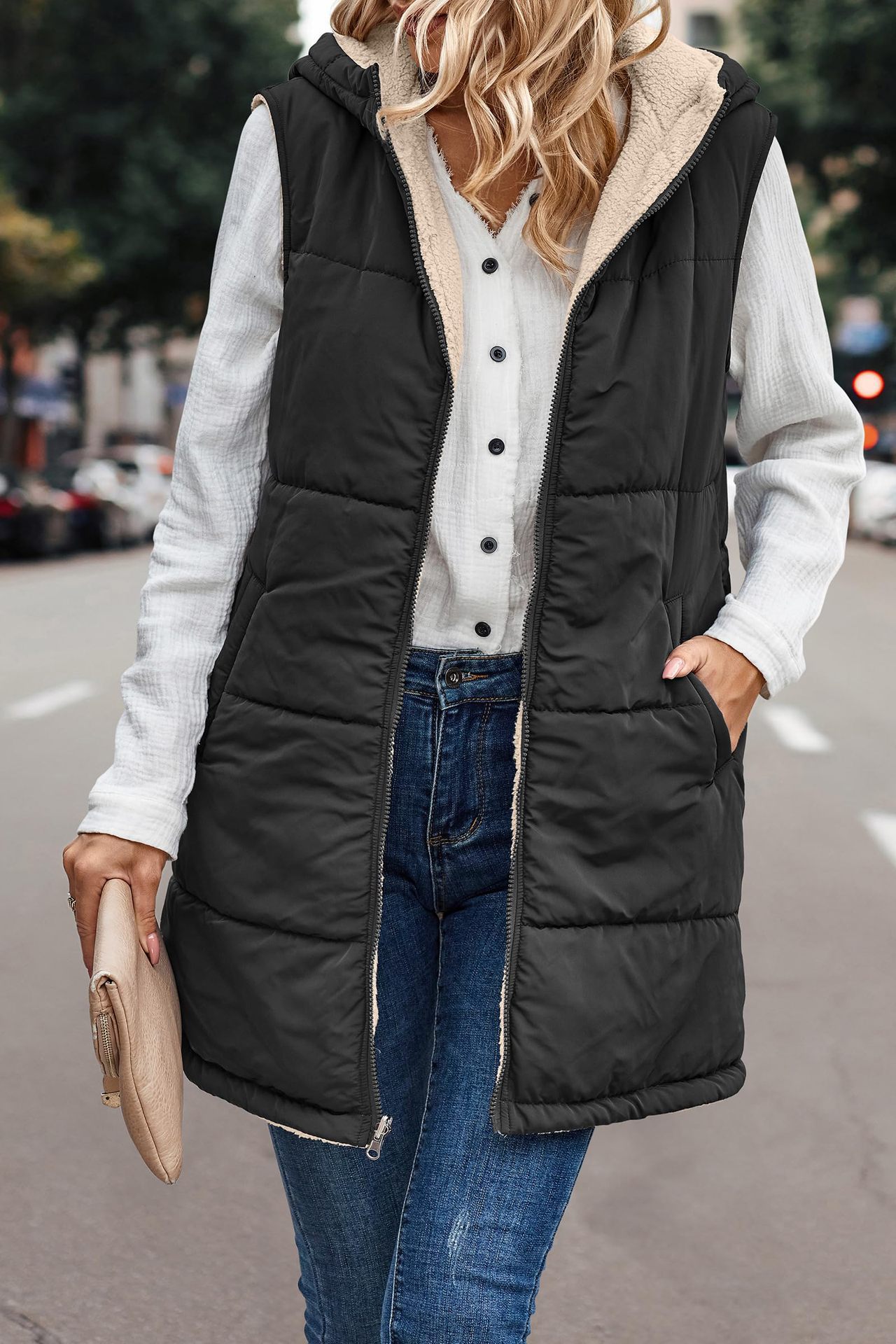 In stock 2023 new European and American solid color hooded cotton-padded vest double-sided warm cardigan windproof coat_voghion.com