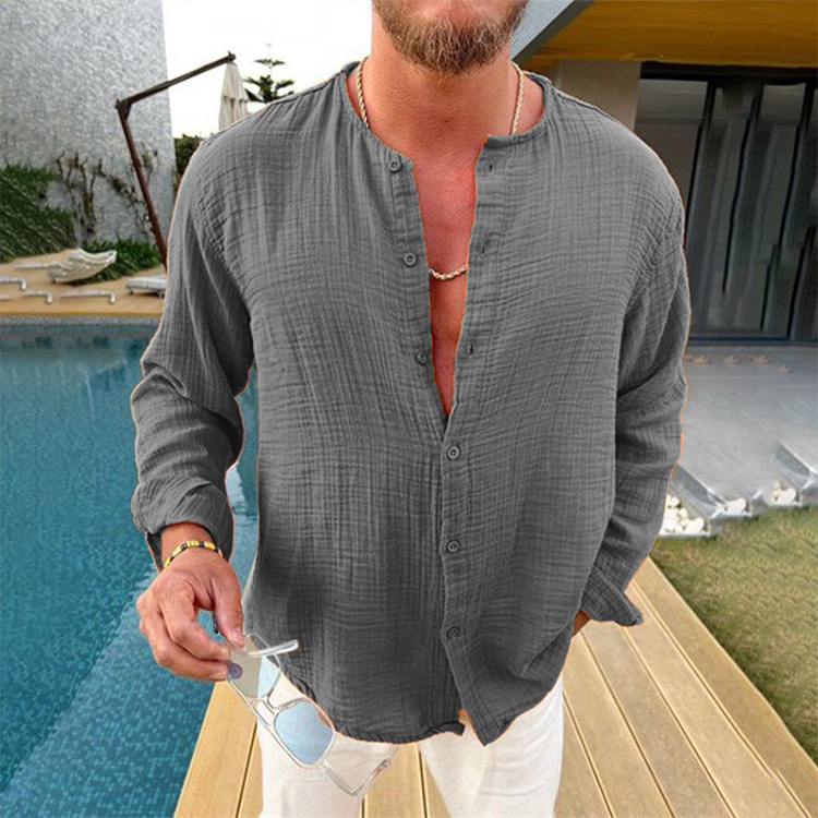Europe and the United States cross-border 2023 Spring and Autumn new double wrinkled men's loose casual wrinkled long sleeve shirt collar shirt