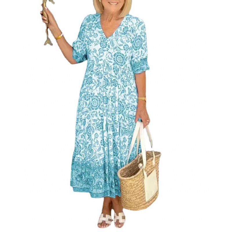 2023 New plus size Super fairy v-neck floral dress seaside holiday beach skirt loose all-match long skirt