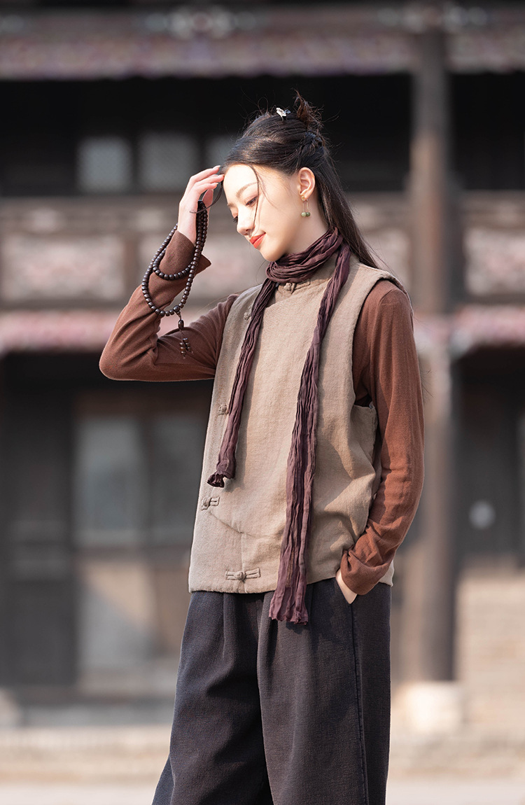 23 cotton and linen women's clothing New National style vintage buckle cotton vest top women's sand wash linen quilted warm vest_voghion.com