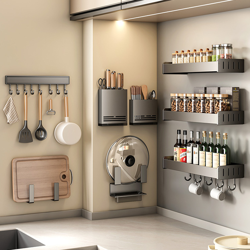 Gun Ash Kitchen Storage Rack Non-Punch Seasoning Wall-Mounted Knife Rack Household Supplies Daquan Multi-Function Storage Rack
