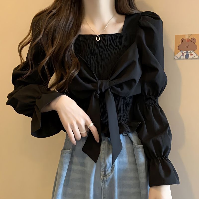 2024 New French style niche short long sleeve shirt design slim fit slimming bow bottoming shirt top for women