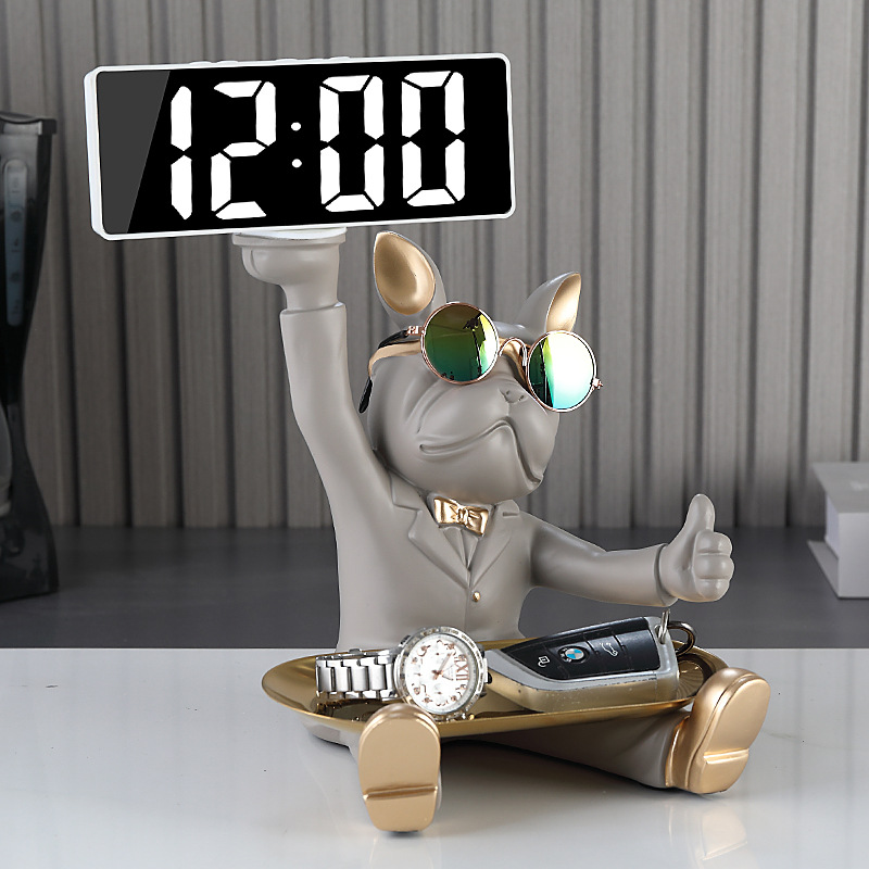 French Bulldog Ornament Creative Piggy Bank Digital Electronic Clock Light Luxury Living Room TV Cabinet Wine Cabinet Home Decoration